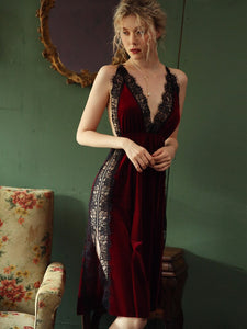 Sexy Nightgown Women Sleepwear Fall/winter Gold Velvet Beauty Back Suspender Dress Lace Side Split Temptation Hot Nightdress