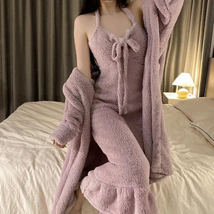 Sexy Nightwear Flannel Pijama Nightgown Women&#39;S Robes Plus Velvet Thick Bathrobe Coral Fleece Nightdress Sets Sexy Home Service