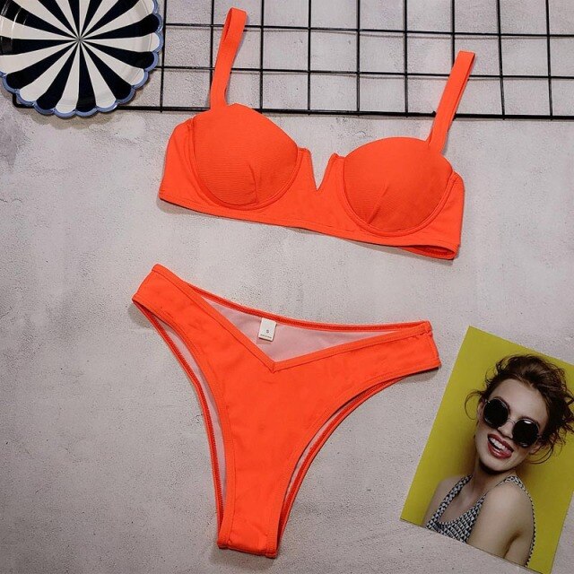 Sexy None Green Bikini Push Up Swimsuit Female Swimwear Women V Neck Bikini set High Leg Cut Bather Bathing Suit Swim Wear 5220