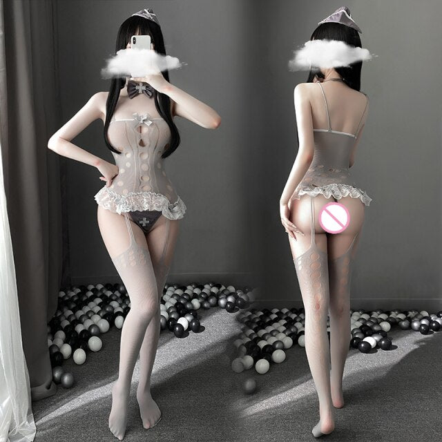 Sexy Nurse Cosplay halloween Costumes Women Mesh Lace see through Bodysuit Body Stockings Fishnet Erotic Lingerie Pantyhose 2021