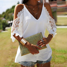 Load image into Gallery viewer, Sexy Off Shoulder Lace Patchwork Shirt Blouse Woman Summer Casual Half Sleeve V-neck Pure Color Shirts White Spaghetti Top Femme