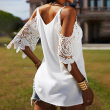 Load image into Gallery viewer, Sexy Off Shoulder Lace Patchwork Shirt Blouse Woman Summer Casual Half Sleeve V-neck Pure Color Shirts White Spaghetti Top Femme