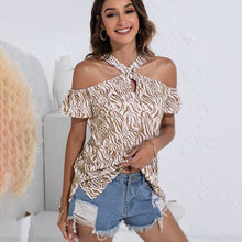 Load image into Gallery viewer, Sexy Off Shoulder Leopard Tshirt Top Femme Summer Short Sleeve O-neck Hollow Out T Shirts Women Clothing Black Print T Shirt