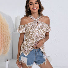 Load image into Gallery viewer, Sexy Off Shoulder Leopard Tshirt Top Femme Summer Short Sleeve O-neck Hollow Out T Shirts Women Clothing Black Print T Shirt