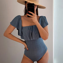 Load image into Gallery viewer, Sexy Off Shoulder One Piece Swimsuit Women Solid Swimwear Black Ruffle Monokini Flounce Swim Suit Pleated Pad Bathing Suit Blue