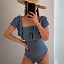 Load image into Gallery viewer, Sexy Off Shoulder One Piece Swimsuit Women Solid Swimwear Black Ruffle Monokini Flounce Swim Suit Pleated Pad Bathing Suit Blue