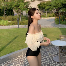 Load image into Gallery viewer, Sexy Off Shoulder One Piece Swimsuit Women Solid Swimwear Ruffle Chiffon Long Sleeve Monokini Open Back Trikini Pad Bathing Suit