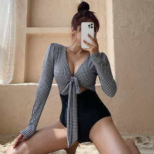 Sexy One Piece Plaid Swimsuit Lady 2023 Monokini Tie Front Swimwear Women Swimsuits Bath Suit Koren Style