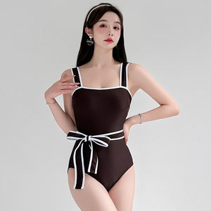 Sexy One Piece Solid Swimsuit Women Belt Swimwear Monokini Korea Bathing Suit Removable Pad Beach Wear