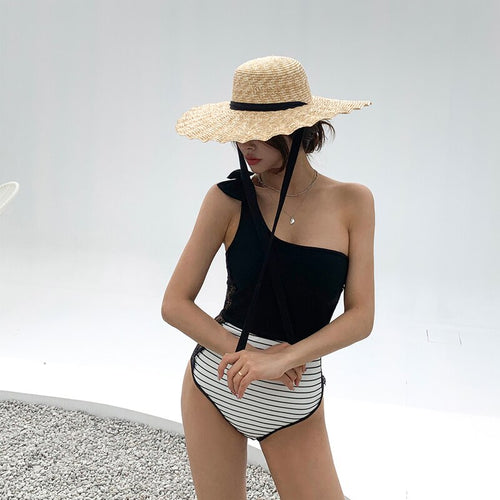 Sexy One Piece Swimsuit Women Black Swimwear Single Shoulder Monokini Korea Bathing Suit Removable Pad Beach Wear