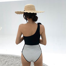 Load image into Gallery viewer, Sexy One Piece Swimsuit Women Black Swimwear Single Shoulder Monokini Korea Bathing Suit Removable Pad Beach Wear