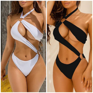 Sexy One Piece White Swimsuit Women Hollow Out Micro Bikini Plus Size Halter Swimwear Thong Backless Swimming Bathing Suit Beach