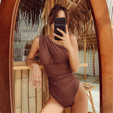 Load image into Gallery viewer, Sexy One Shoulder One Piece Swimsuit Women Solid Swimwear Pleated Monokini Belt Swim Suit Korea Bathing Suit Push Up Green Pads