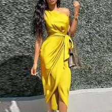 Load image into Gallery viewer, Sexy One Shoulder Satin Midi Dresses Women Elegant Ruched Lace Up Bodycon Party Dress 2021 Summer Sleeveless Slit Red Pink Dress