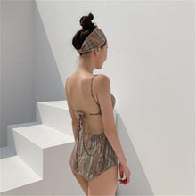 Load image into Gallery viewer, Sexy Open Back One Piece Swimsuit Women Print Swimwear Bandeau Monokini Backless Swim Suit Straps Bathing Suit Push Up Green