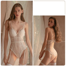 Load image into Gallery viewer, Sexy Pajamas Female Autumn and Winter Thin Section Lace Transparent Temptation with Chest Cushions Show Chest Halter Jumpsuit