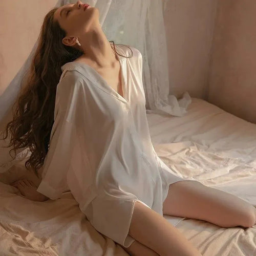 Sexy Pajamas For Women Summer Thin Shirt Large Size Satin White Long Lingerie Dress Temptation Thin High-End Nightdress