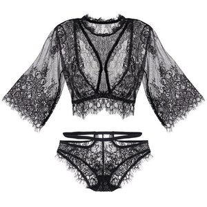 Sexy Pajamas Set Thin Transparent Temptation Sexy Nightwear Three-point Eyelash Lace Lingerie Pajamas for Women Pijama Mujer