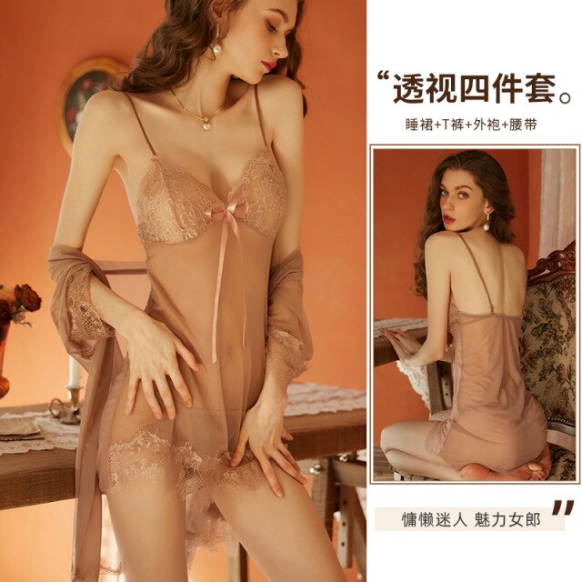 Sexy Pajamas Women Deep V Perspective Nylon Mesh Sling Bathrobe Suit Lingerie Erotic Plus Size  Exotic Sexycostumes for Sex
