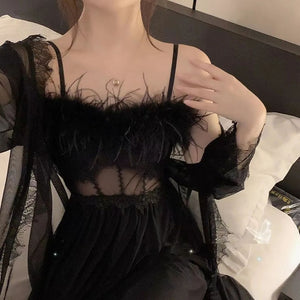 Sexy Pajamas Women&#39;S Feather Suspender Nightdress Ladies Spring And Summer Ice Silk Thin Halter Home Service Can Be Worn Outside