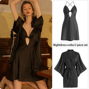 Sexy Pajamas Women&#39;S Silk Dress Lingerie Nightwear Suspenders Nightdress Robe 2 Piece Set Sexy Women Night Dress Home Wear