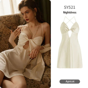 Sexy Pajamas Women&#39;S Silk Dress Lingerie Nightwear Suspenders Nightdress Robe 2 Piece Set Sexy Women Night Dress Home Wear