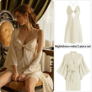 Sexy Pajamas Women&#39;S Silk Dress Lingerie Nightwear Suspenders Nightdress Robe 2 Piece Set Sexy Women Night Dress Home Wear