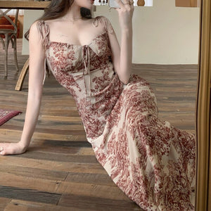 Sexy Party Dress Women Long Dresses Vintage Personality Printing With Shoulder-straps Of Summer Fashion Show Thin Waist Vestidos