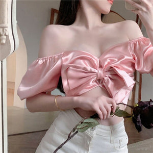 Sexy Party Night Club Ladies Crop Tops Women Off Shoulder Sweet Cute Korean Clothing Puff Sleeve Bow Designer Shirts Summer 2021