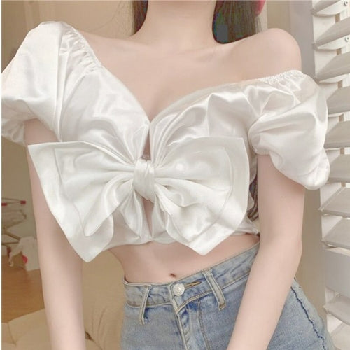 Sexy Party Night Club Ladies Crop Tops Women Off Shoulder Sweet Cute Korean Clothing Puff Sleeve Bow Designer Shirts Summer 2021