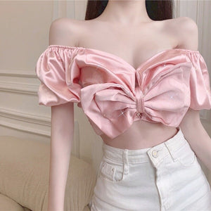 Sexy Party Night Club Ladies Crop Tops Women Off Shoulder Sweet Cute Korean Clothing Puff Sleeve Bow Designer Shirts Summer 2021