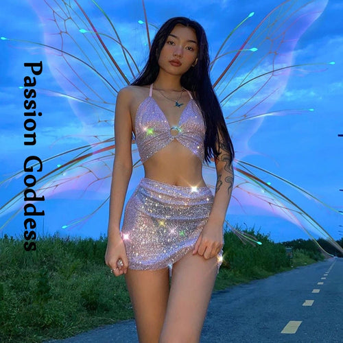 Sexy Party Women 2 Piece Glitter Pink Sets Lace Up Backless Halter Crop Top High Waist Split Package Hip Skirts Two Piece Outfit