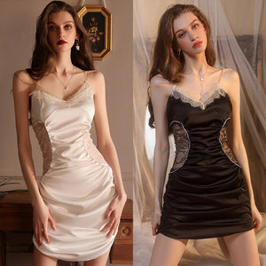 Sexy Pleated Sling Night Dress Sleepwear Women Thin Waist Camisole Lace Both Side Hollow Backless Sleep Tops Nightgown Summer