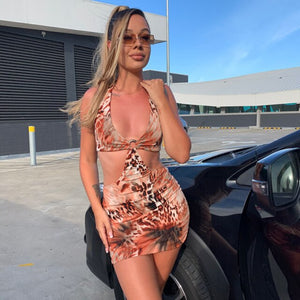 Sexy Printed Halter Bodycon Mini Dress Women Backless Cut Out Sheath Causal Party Beach Dresses 2021 Summer Vacation Clothing