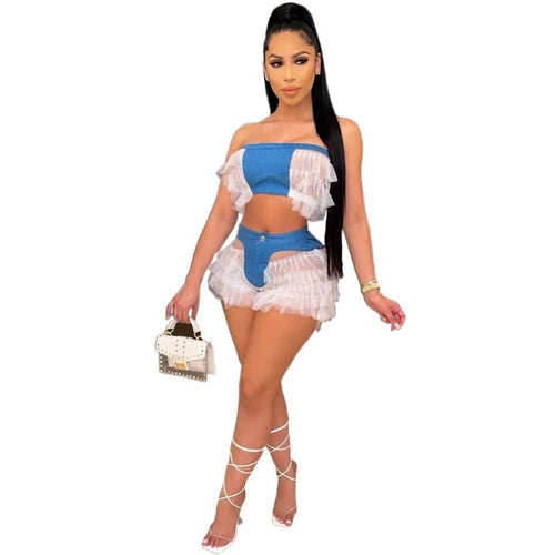 Sexy Ruffles Shorts and Crop Top Women Summer 2 Piece Sets Fashion Club Vacation Outfits Wholesale Items
