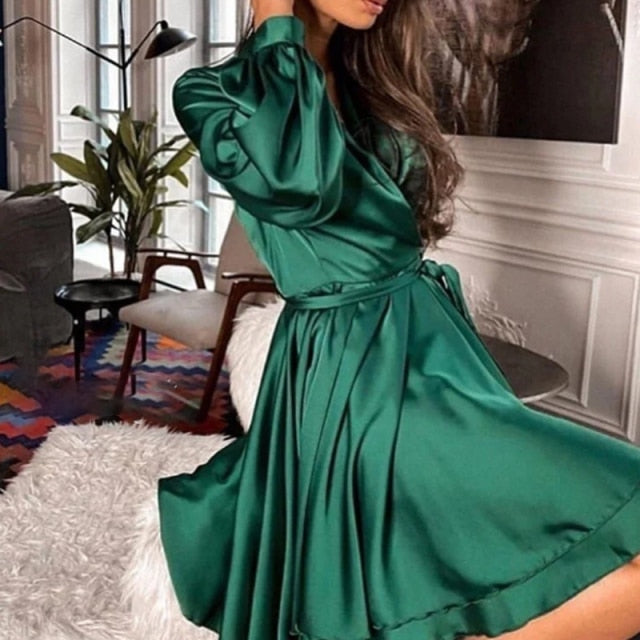 Sexy Satin Sashes A Line Mini Dress Lantern Sleeve Elegant Party Dress 2020 Autumn Fashion Women's Clothing Streetwear Vestidos