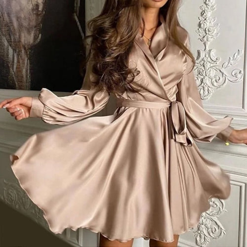 Sexy Satin Sashes A Line Mini Dress Lantern Sleeve Elegant Party Dress 2020 Autumn Fashion Women's Clothing Streetwear Vestidos