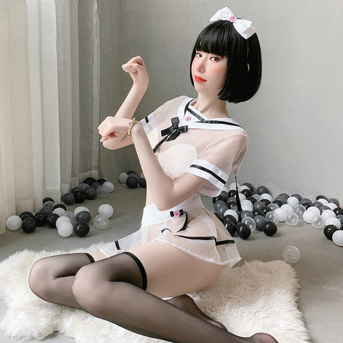 Sexy School Cat Girl Uniform Mesh Sexy Games Role Play Costume Chiffon Women Porn Erotic Lingerie Stripper Outfit