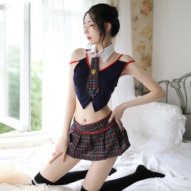 Sexy School Girl Uniform Stripper Outfit Mini Plaid Skirt Sex Cosplay Role Play Costume Woman Porn Erotic Lingerie