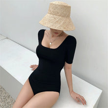 Load image into Gallery viewer, Sexy Short Sleeve One Piece Swimsuit Women Solid Swimwear Open Back Monokini Cut Out Swim Suit Korea Bathing Suit Push Up Pad