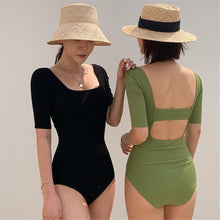 Load image into Gallery viewer, Sexy Short Sleeve One Piece Swimsuit Women Solid Swimwear Open Back Monokini Cut Out Swim Suit Korea Bathing Suit Push Up Pad