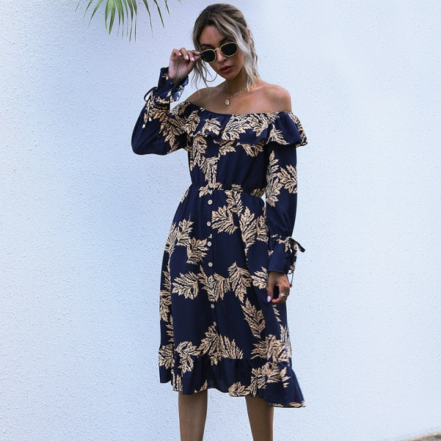 Sexy Slash Neck Print Dress Women Casual High Waist Ruffles Autumn Winter Button Off The Shoulder Dress For Women 2020 New