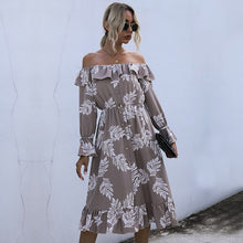 Load image into Gallery viewer, Sexy Slash Neck Print Dress Women Casual High Waist Ruffles Autumn Winter Button Off The Shoulder Dress For Women 2020 New