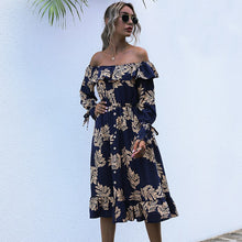 Load image into Gallery viewer, Sexy Slash Neck Print Dress Women Casual High Waist Ruffles Autumn Winter Button Off The Shoulder Dress For Women 2020 New