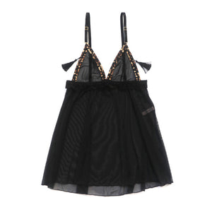 Sexy Sleep Dress Transparent Tassel Decoration Solid Spaghetti Strap Night Dress For Women Sexy Lingerie Dress Only