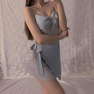Sexy Sleeping Dress Underwear Push Up Chest Satin Lace Side Bandage Bow Tie Sleep Tops Women Sleepwear Nightdress Home Clothes