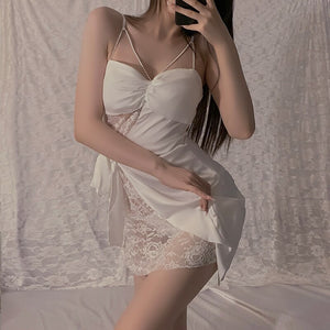 Sexy Sleeping Dress Underwear Push Up Chest Satin Lace Side Bandage Bow Tie Sleep Tops Women Sleepwear Nightdress Home Clothes