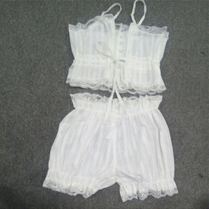 Sexy Sleepwear Erotic Cotton Pajamas Set for Women Two-Piece Suit White Pyjamas Soft Shirts Shorts Underwear Lace Lingerie New