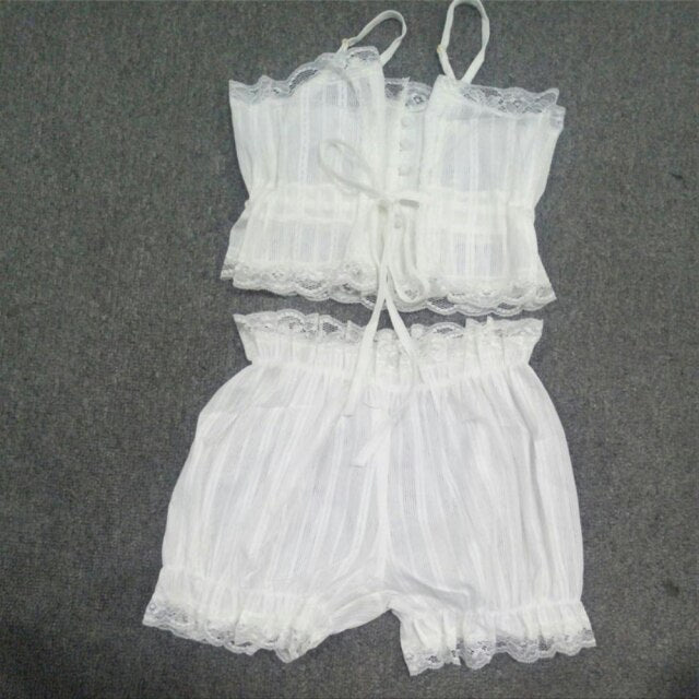 Sexy Sleepwear Erotic Cotton Pajamas Set for Women Two-Piece Suit White Pyjamas Soft Shirts Shorts Underwear Lace Lingerie New