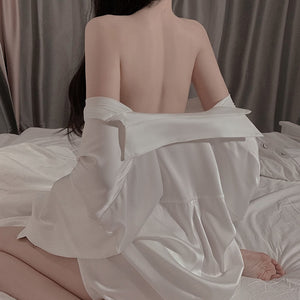 Sexy Sleepwear Lingerie Robe Pajamas Dress Women Home Wear Nightgown Silk Loose Long Sleeve Boyfriend Shirt Sleep Tops Nightwear